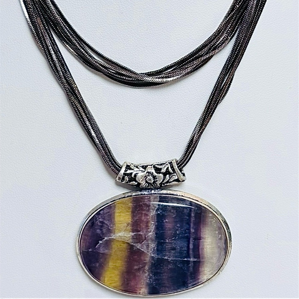 Fluorite 925 Silver Plated Chunky Gemstone Pendant (1.6”) Healing Gift